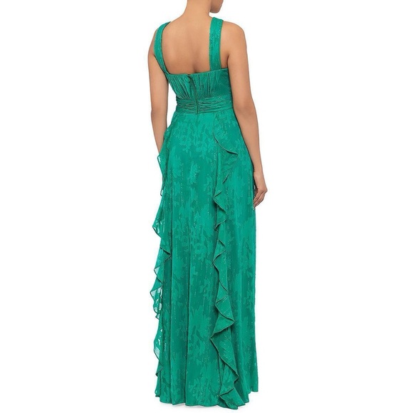 Aqua Formal Floral Burnout Chiffon Long Evening Gown Ruffle Skirt Green 0 NWT - Picture 3 of 10